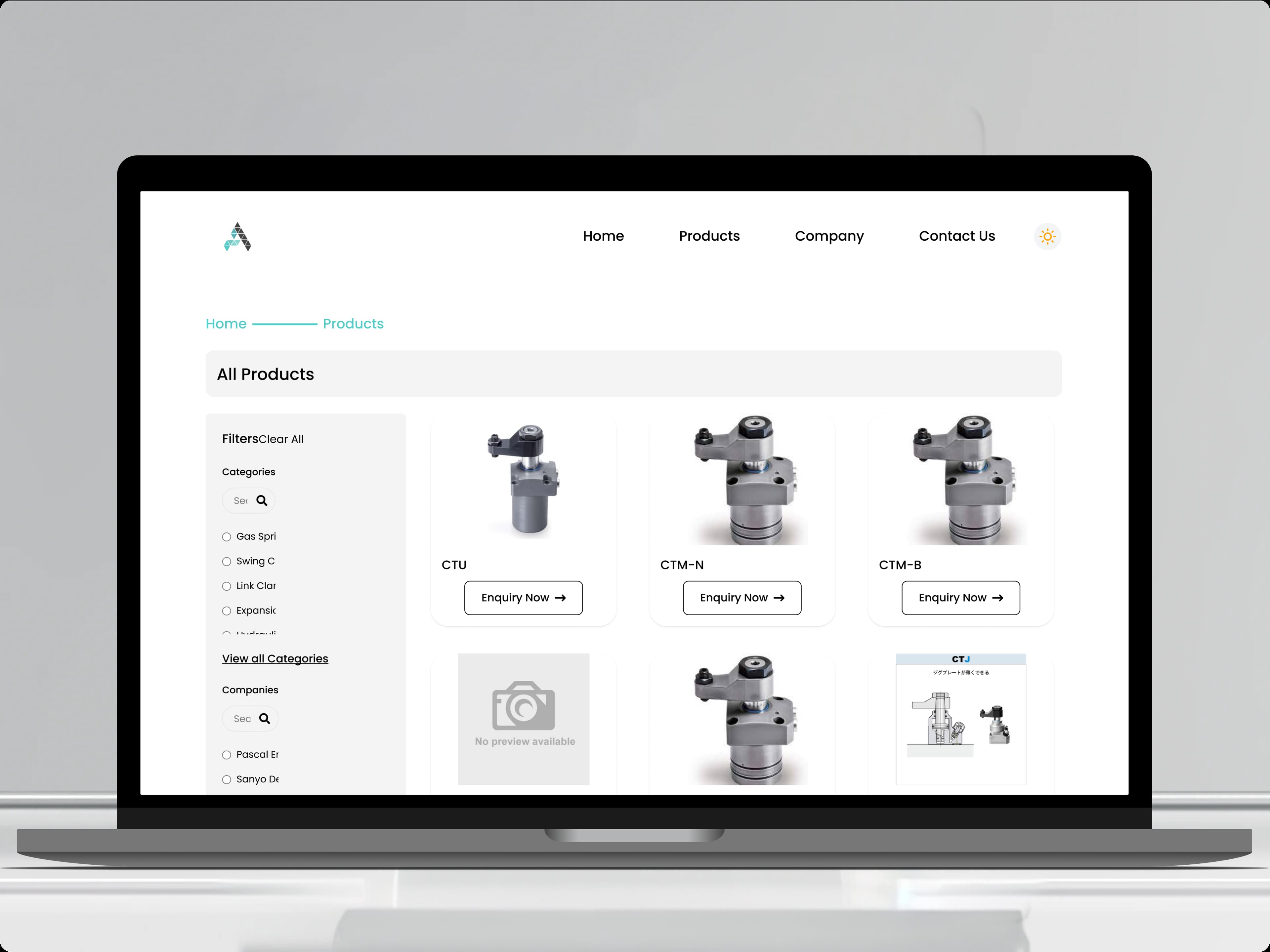 Aerotynes industrial products page displayed on a laptop