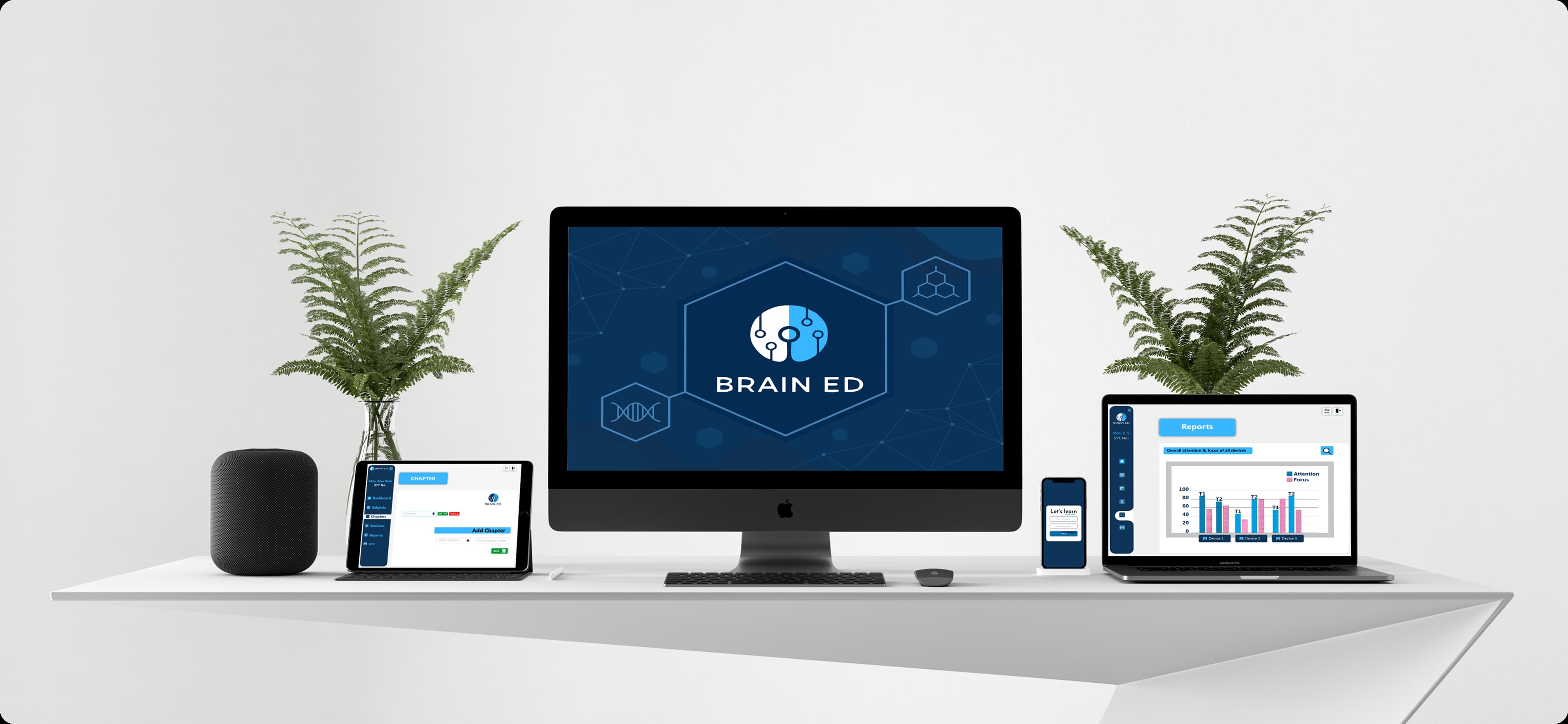 Brain Ed platform displayed across desktop, laptop, tablet, and mobile devices