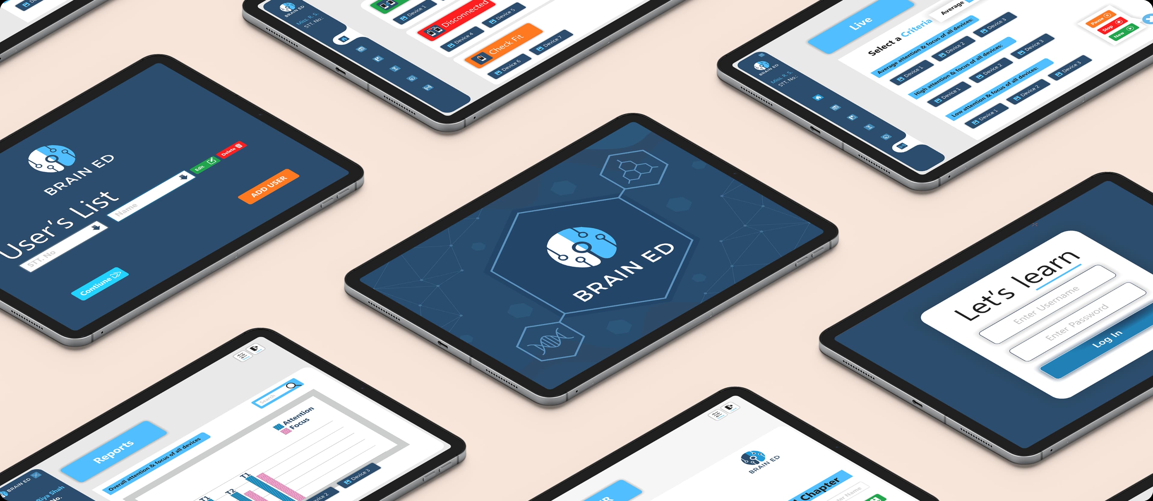 Brain Ed portal screens presented across multiple tablet devices