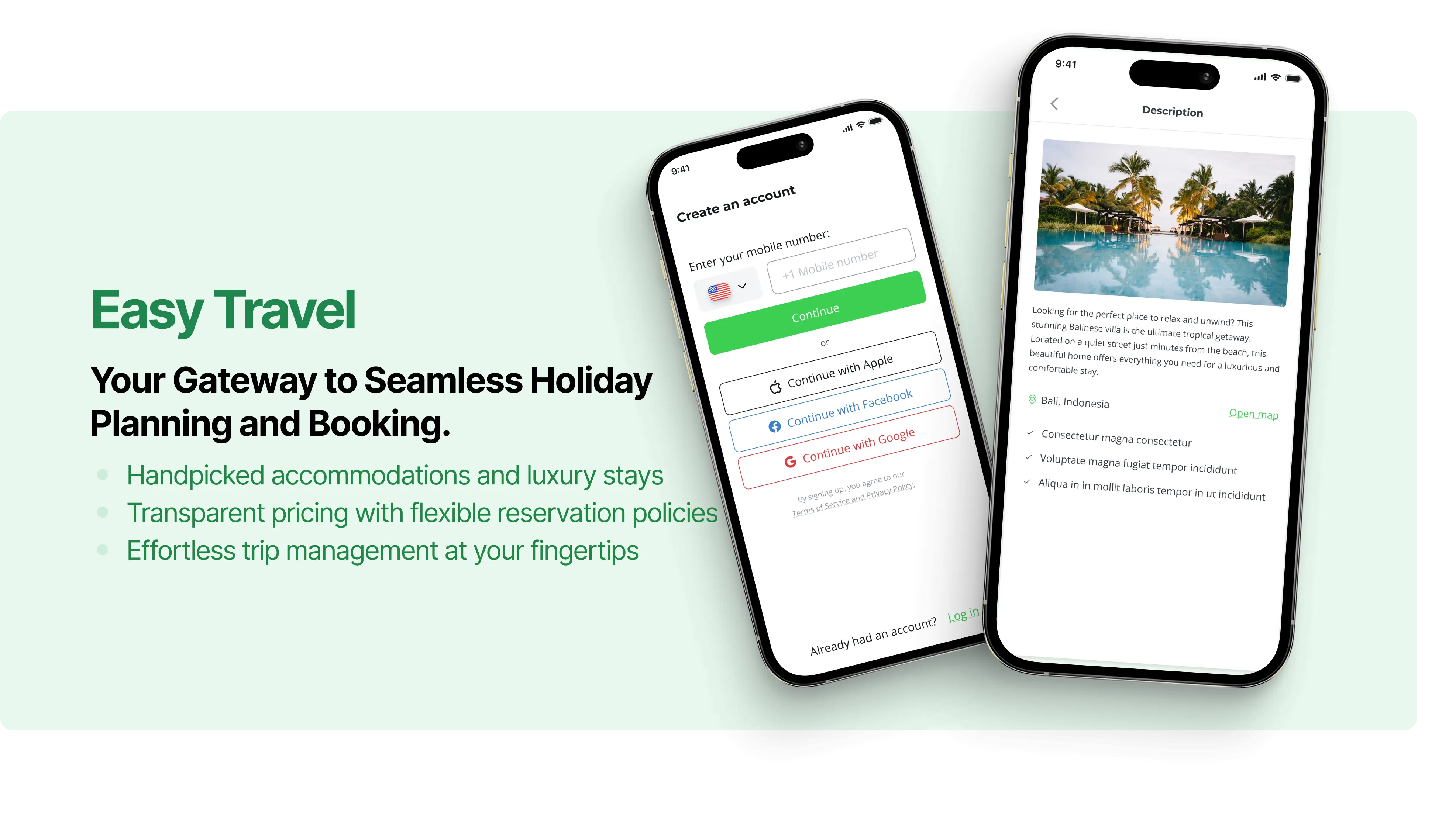 Easy Travel registration and property-detail screens