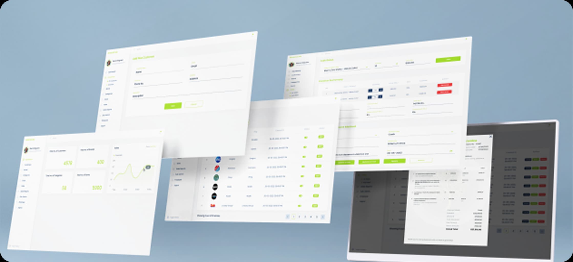 Greenstraw CRM workflow screens and invoice interface