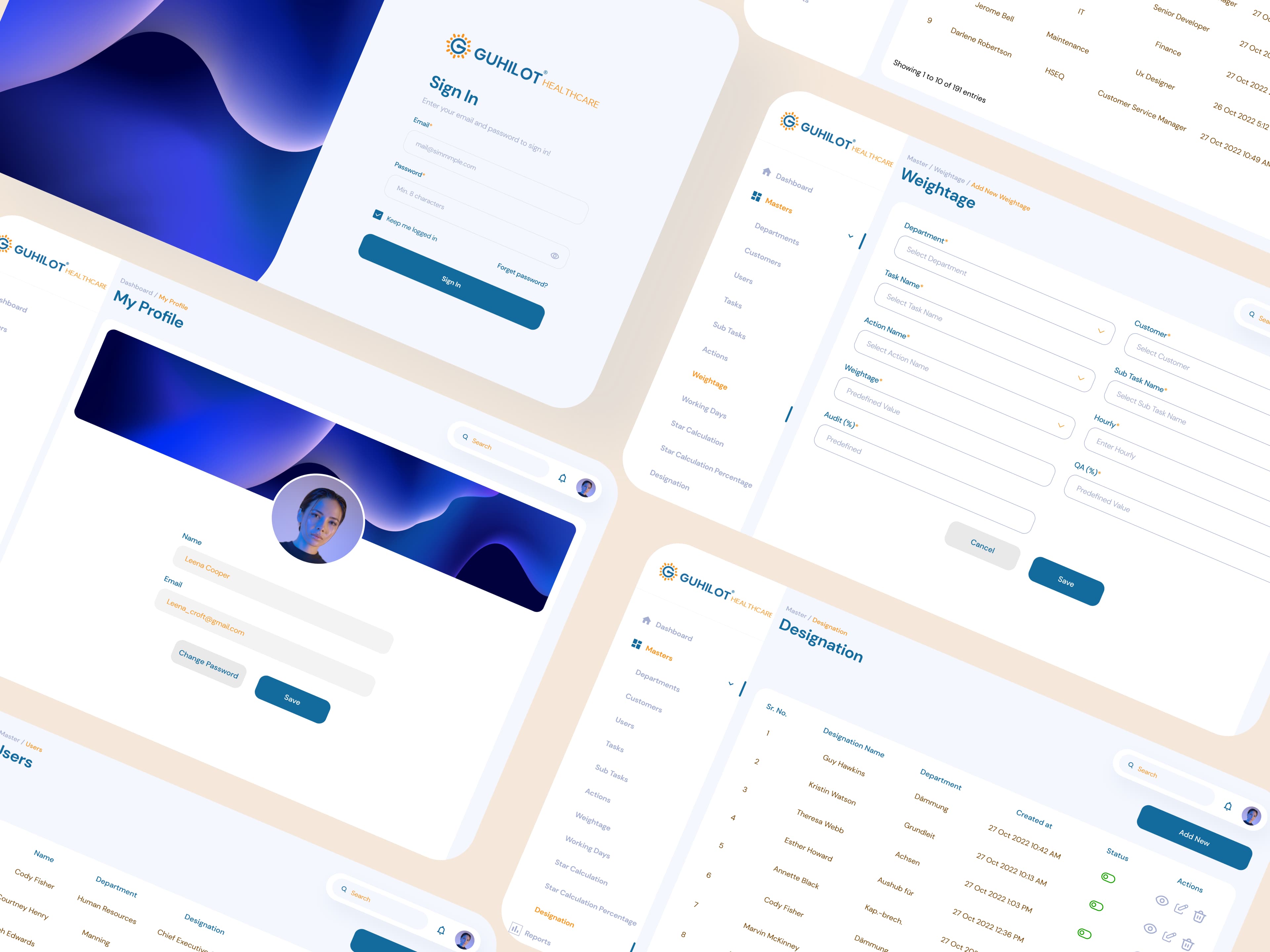 Collection of Guhilot Healthcare dashboard, profile, and administration screens
