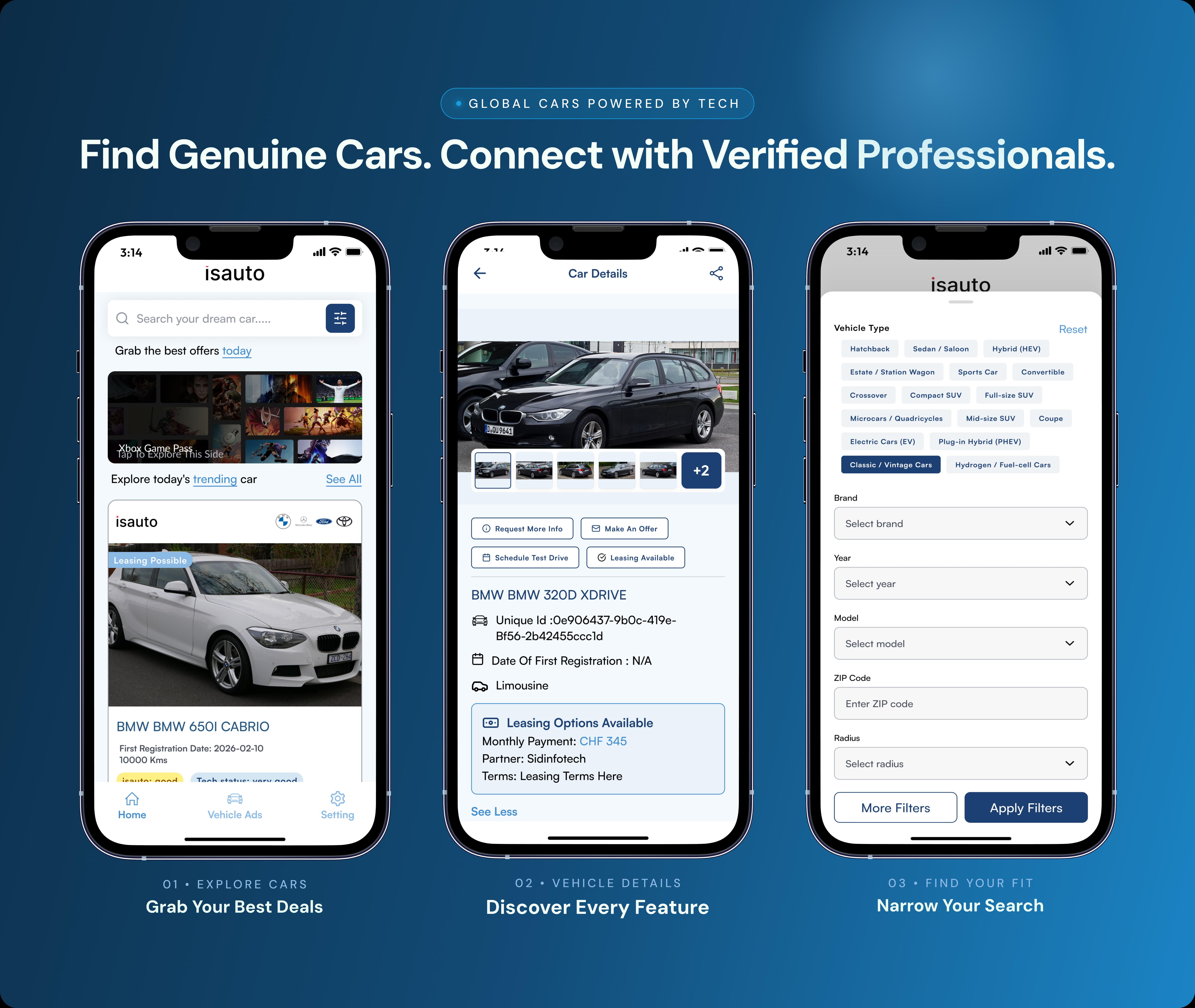 Isauto mobile app screens for company information, vehicle details, and language settings