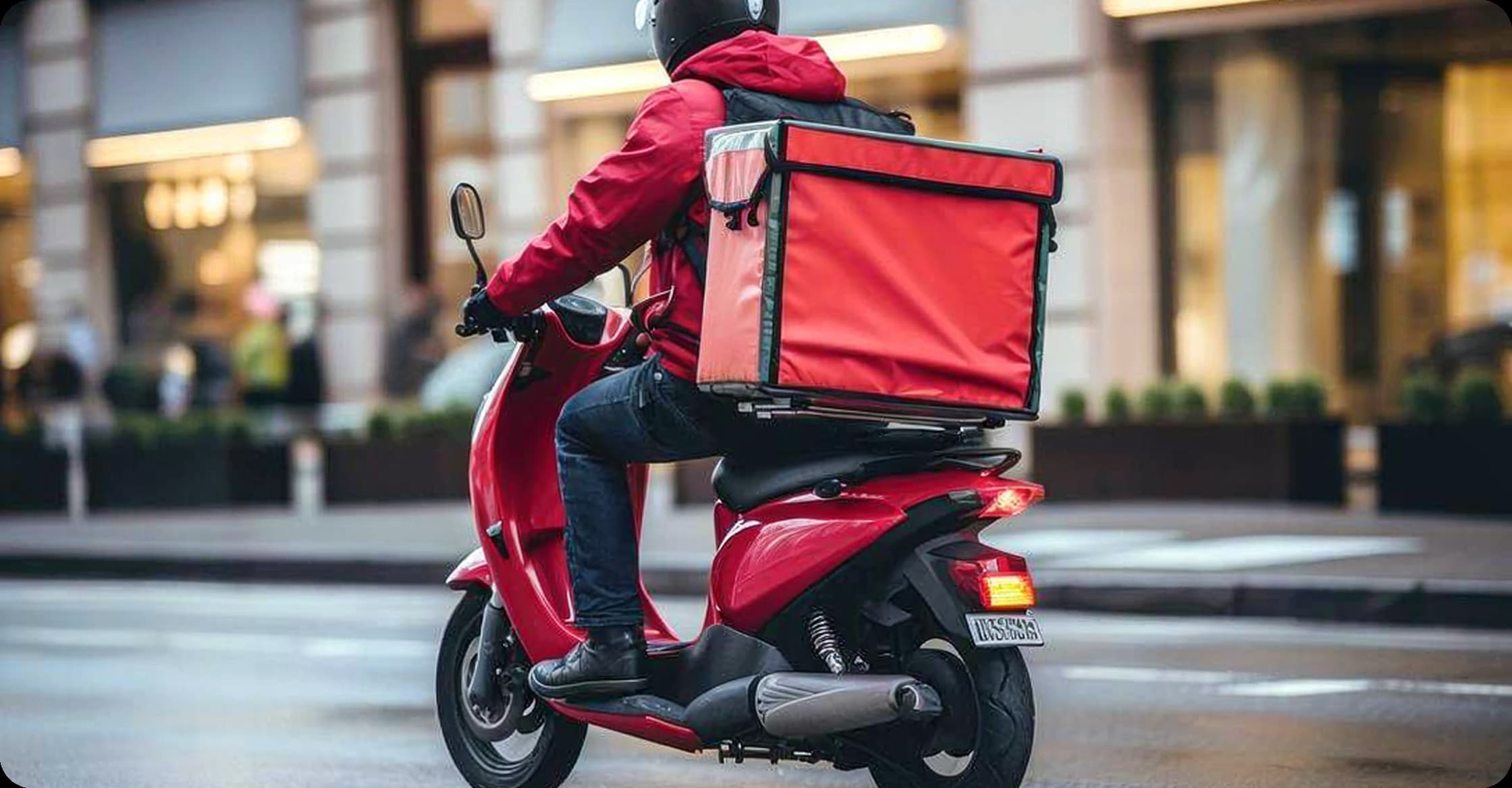 Food delivery rider carrying a delivery box