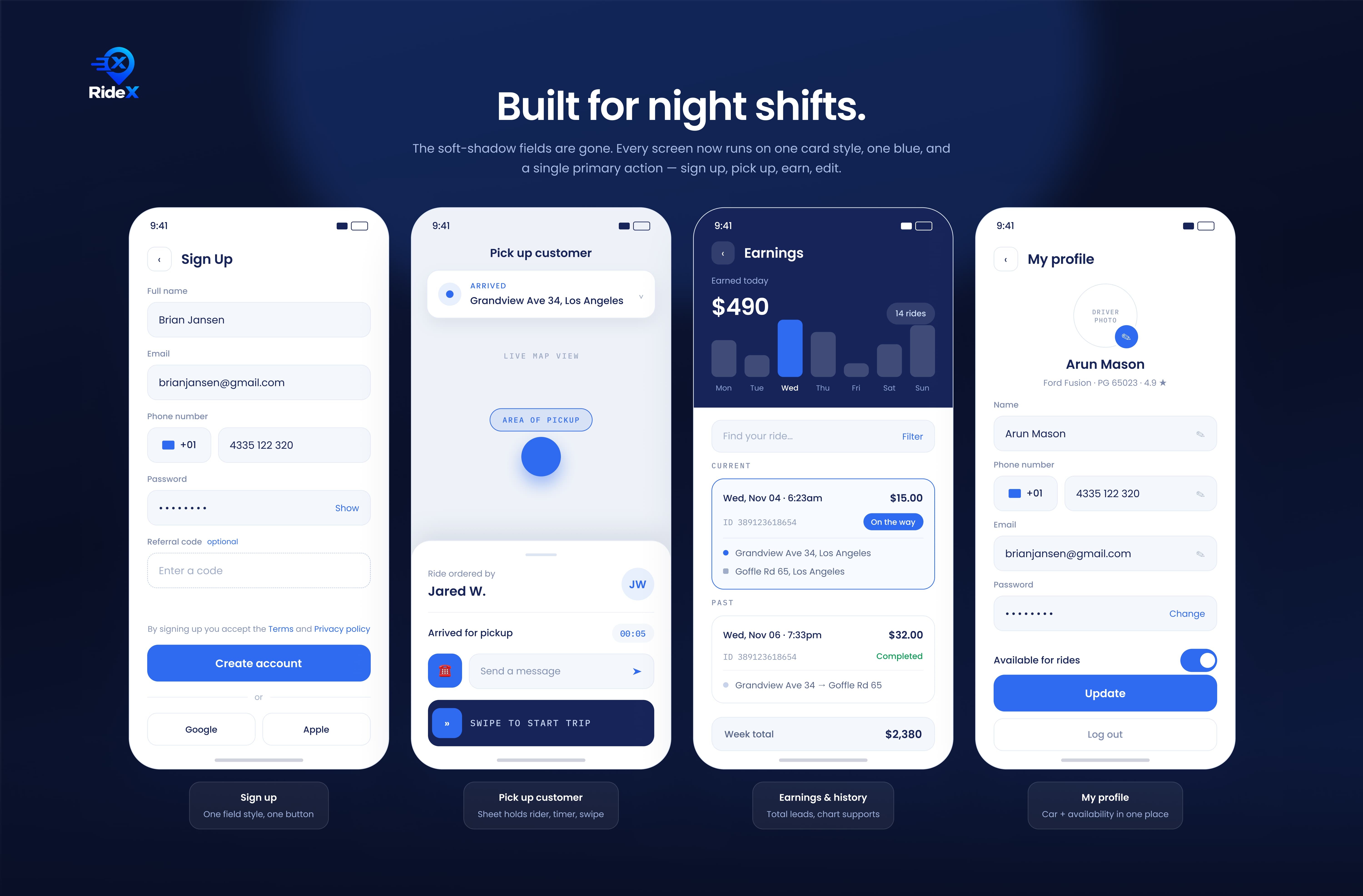 Ridex ride history and profile mobile screens