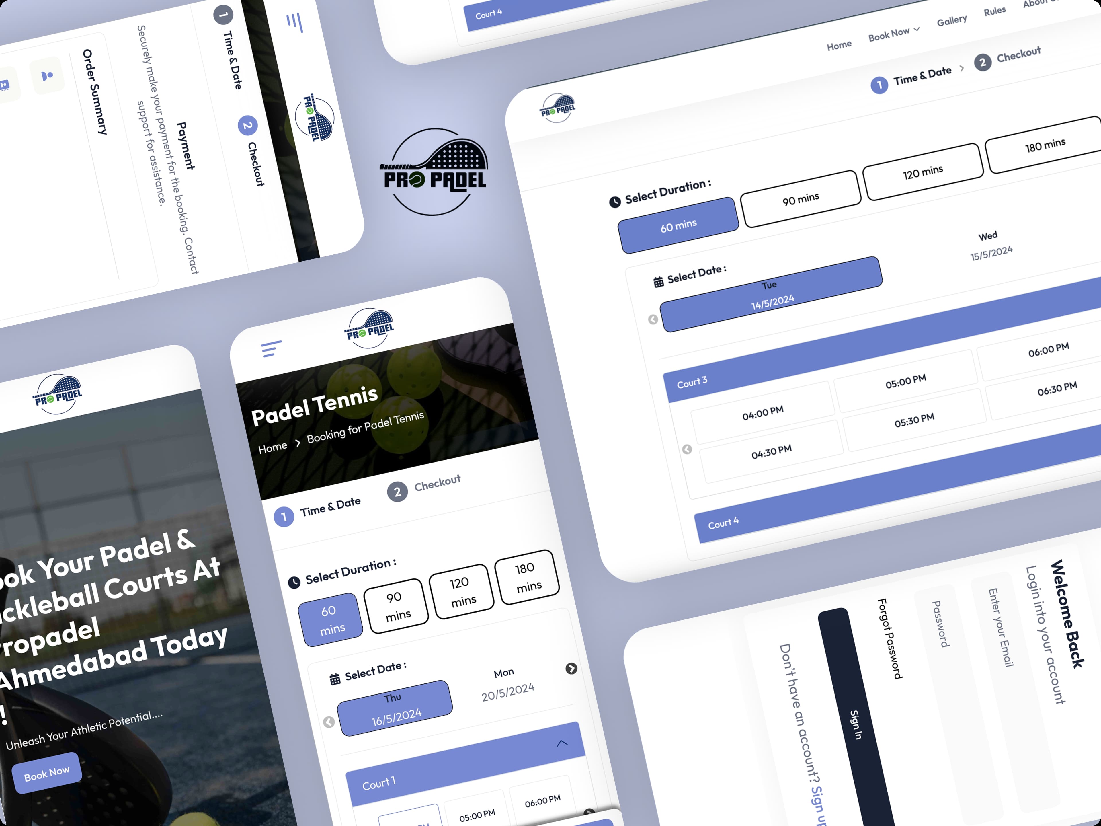 Pro Padel responsive booking screens across mobile and desktop