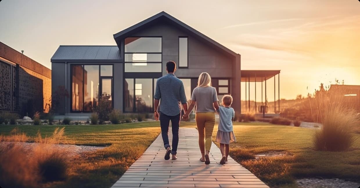 Family approaching a modern home at sunset