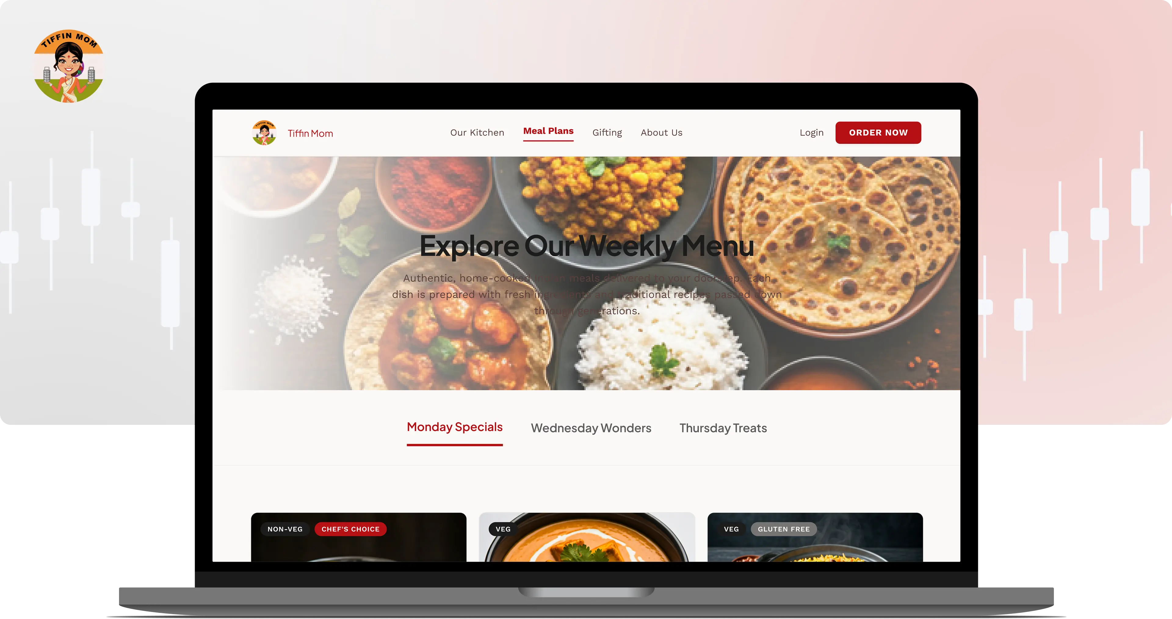 Tiffin Mom weekly menu displayed on a laptop