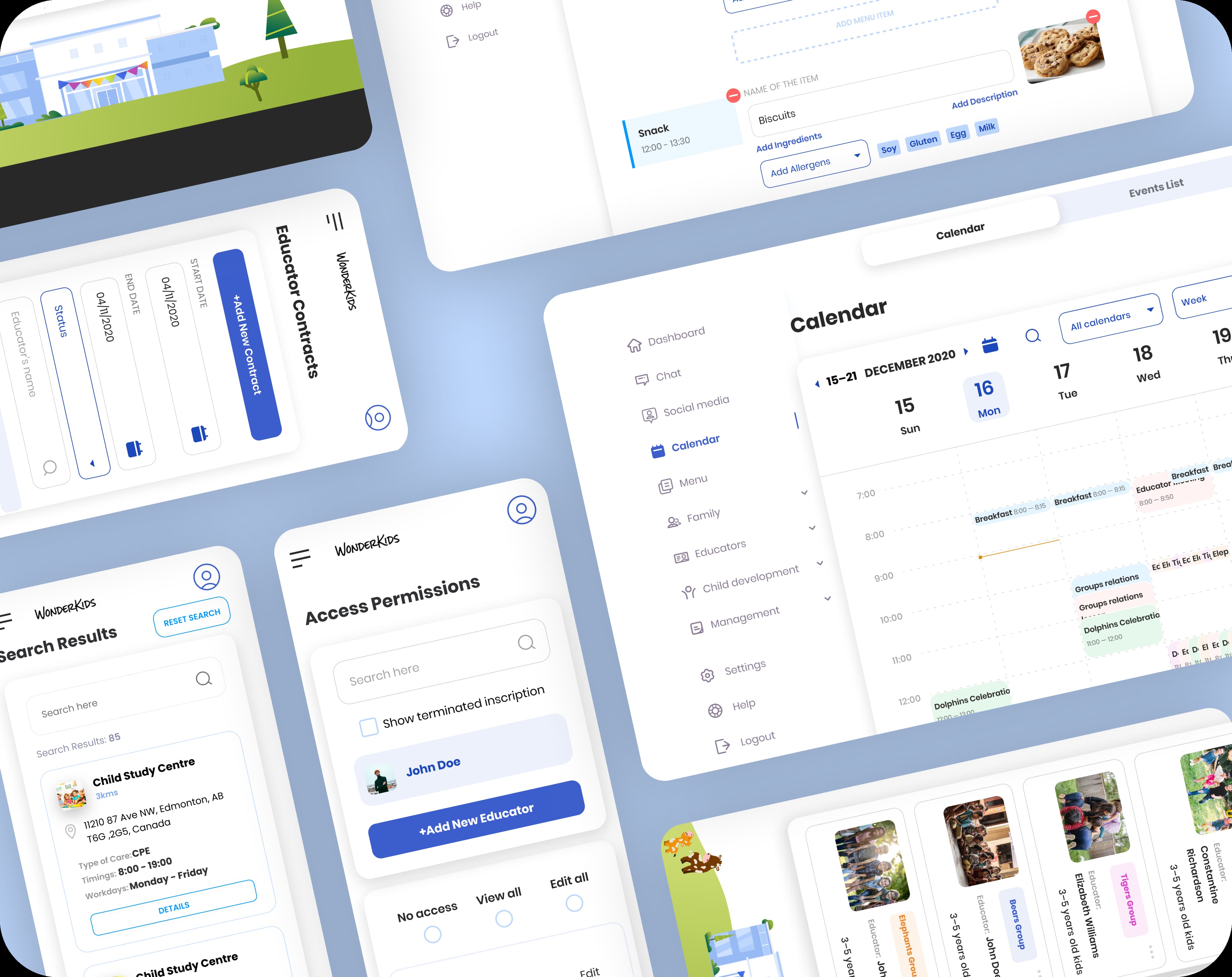 Starkids dashboard, calendar, menu, permissions, and search screens