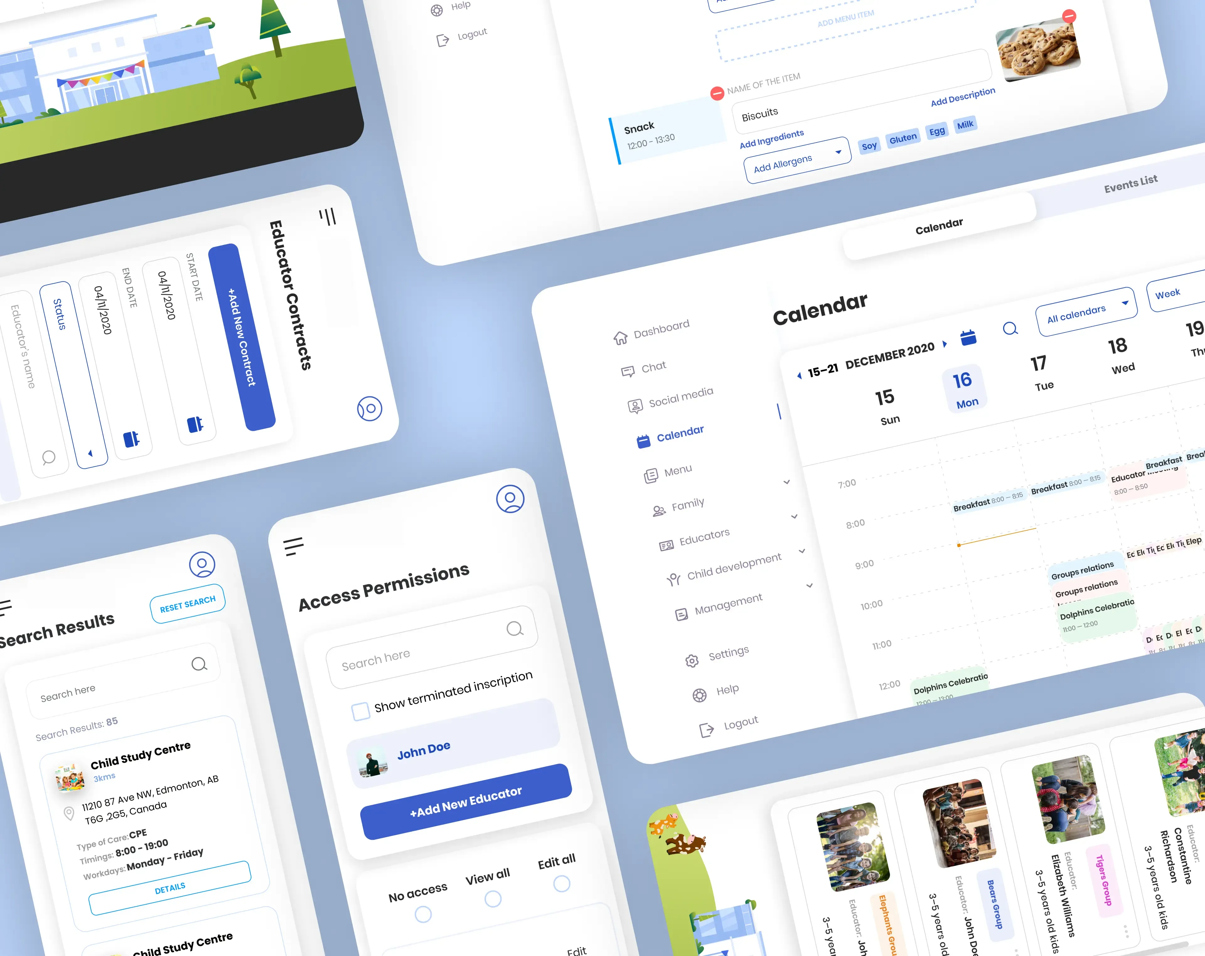Starkids dashboard, calendar, menu, permissions, and search screens